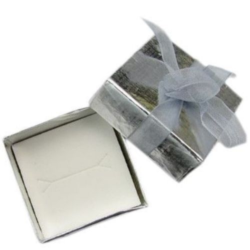 Cardboard Jewelry Gift Box with a Ribbon, 40x40 mm, Silver