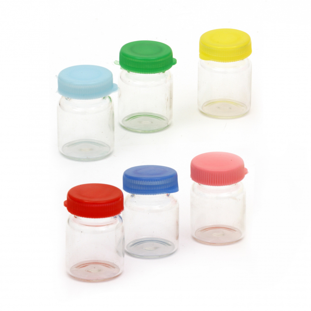 Glass jar 32x22 mm plastic cap in different colors