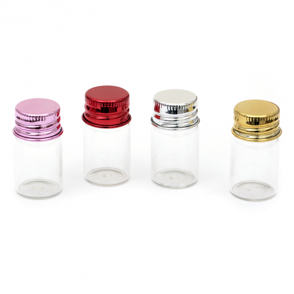 Glass jar 41x23 mm plastic cap in different colors