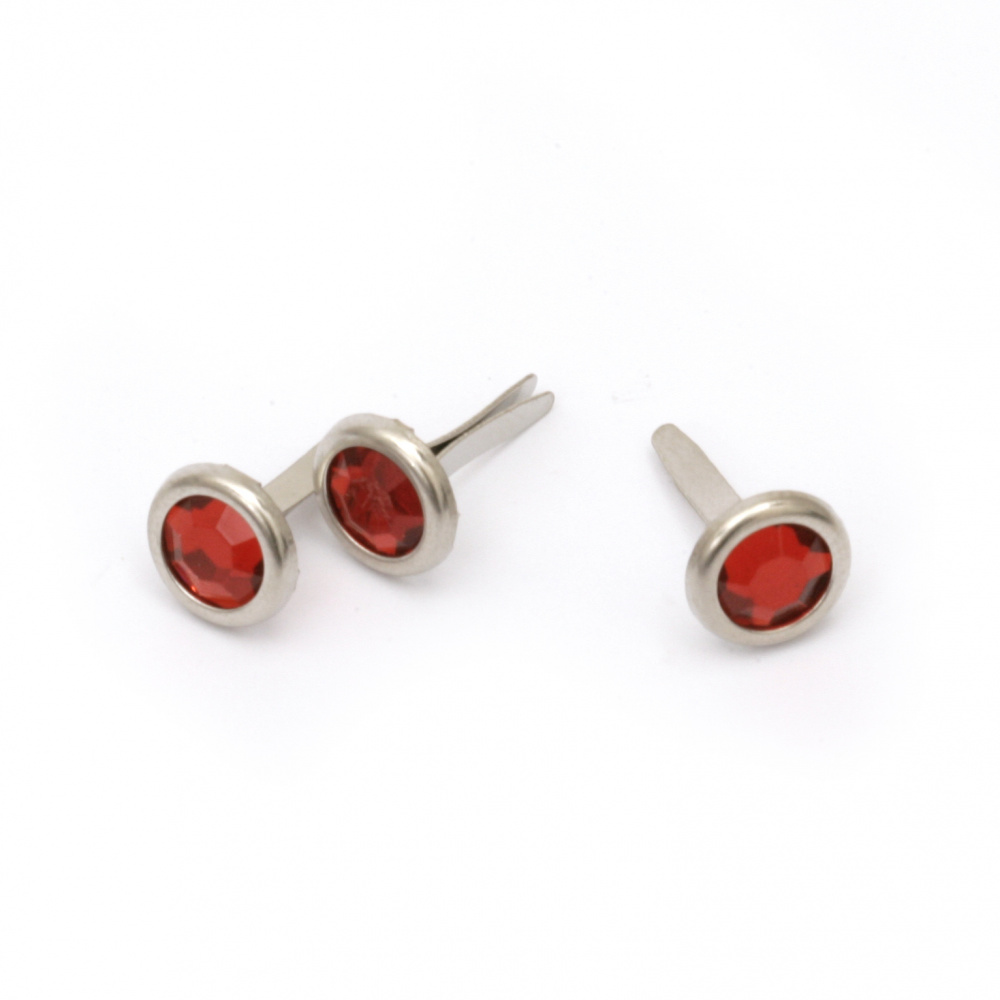 Metal Brads with Rhinestone for Decoration and Scrapbooking, 17x10 mm, Silver with Red -10 pieces