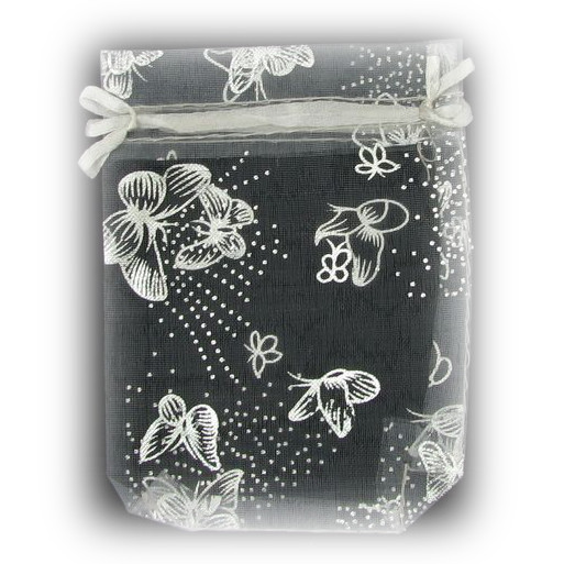 Butterfly Printed Organza Gift Bags 120x90 mm white with silver