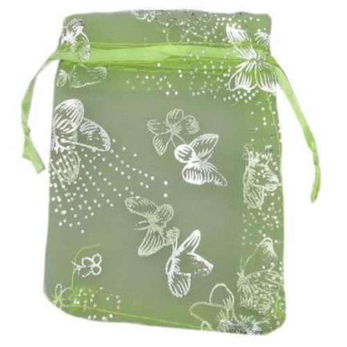 Butterfly Printed Organza Gift Bags 120x90 mm reseda with silver