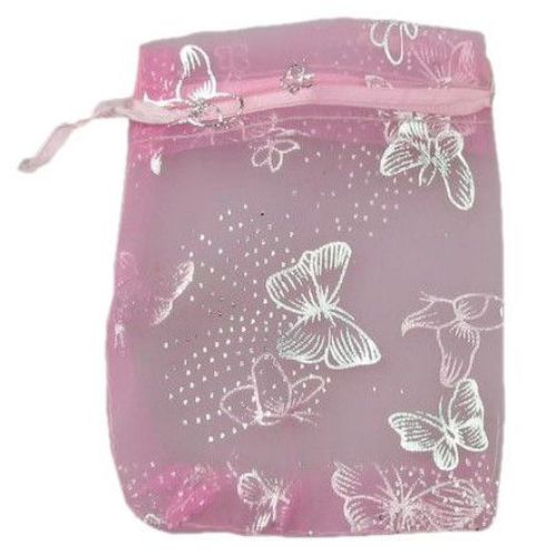 Butterfly Printed Organza Gift Bags 120x90 mm pink with silver