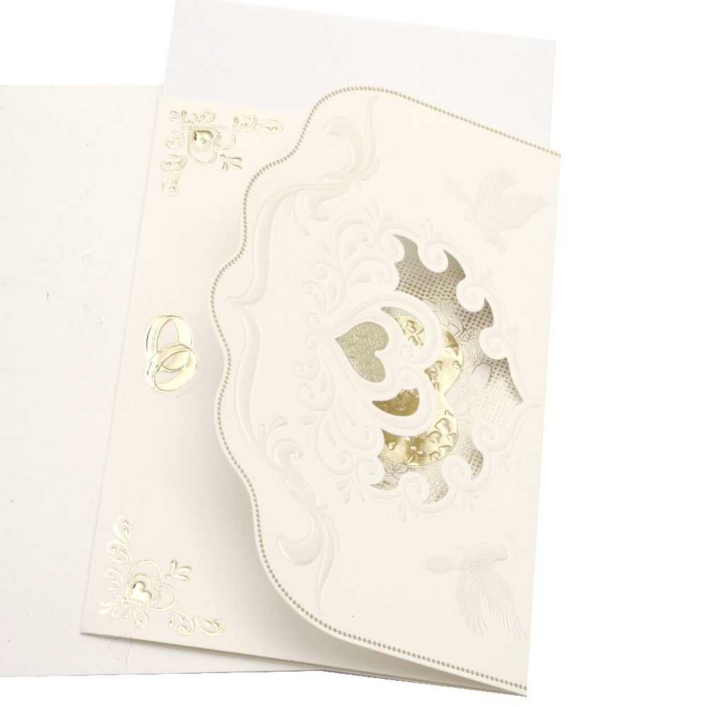 Card inimă și porumbei 185x125 mm alb cu imprimeu plic