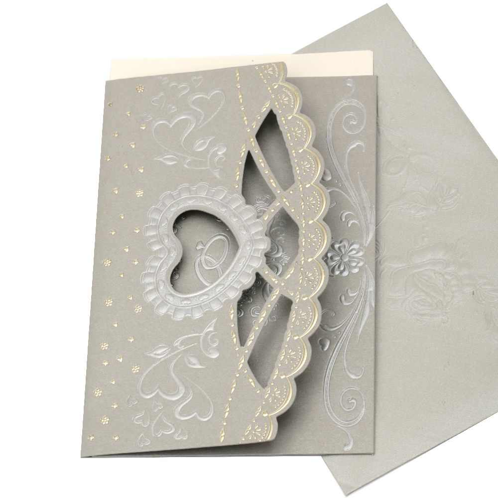 Dantelă card și inimă 185x125 mm culoare argintiu cu imprimeu plic