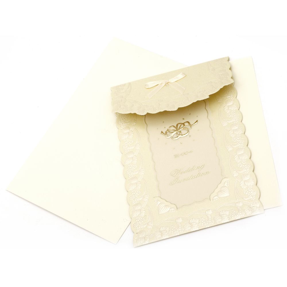 Embossed card with ribbon 125x185 mm color cream with envelope stamp