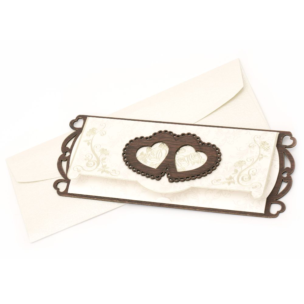 Wooden Gift Card with hearts 225x85 mm color cream with envelope