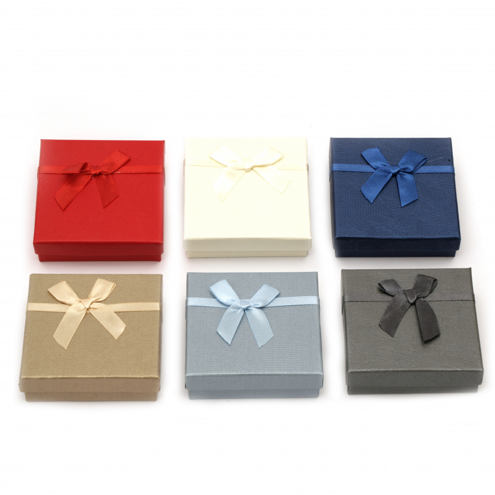 Luxury Paper Jewelry Box with Ribbon for Bracelet, Necklace, Earrings Packaging, 90x90 mm, ASSORTED