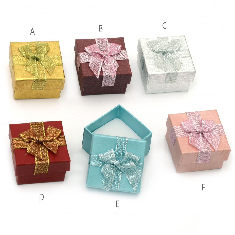 Cardboard Jewelry Box, with Satin Ribbons 50x50 mm ASSORTED Colors