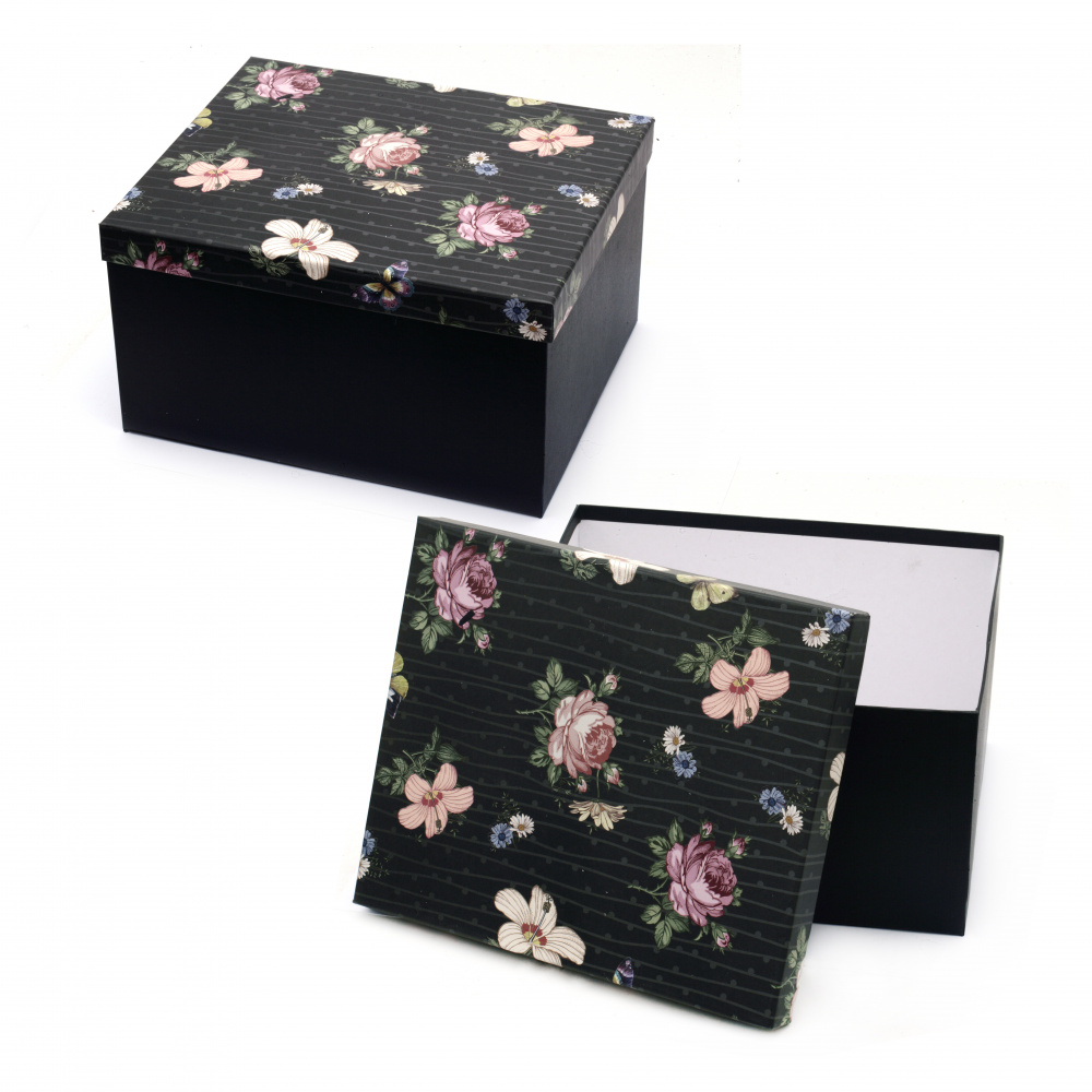 Ορθογώνιο κουτί δώρου 27,5x23x15,5 cm μαύρο με φλοράλ καπάκι
