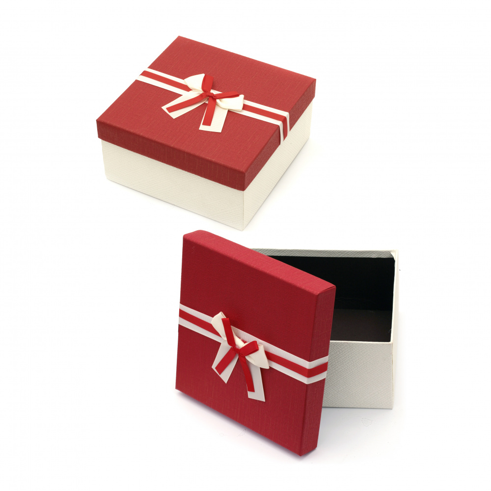 Square Gift Box, White with Red Lid and Satin Ribbon, 18x9 cm