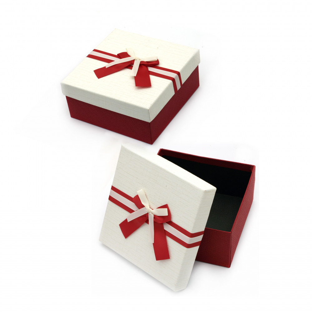Square Gift Box, Red with White Lid and Satin Ribbon, 16.5x7.5 cm
