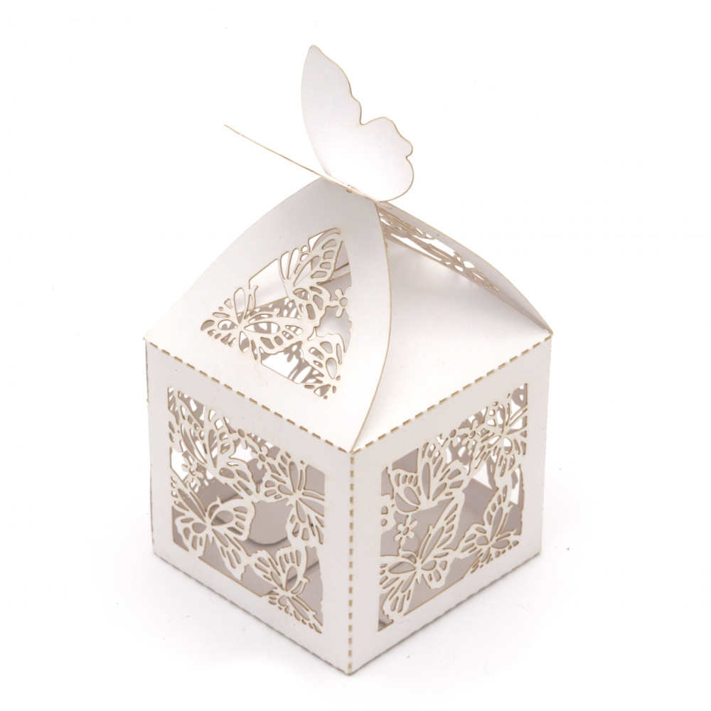 Κουτάκι δώρου από χαρτόνι 110x55x55 mm πεταλούδα χρώματος λευκό περλέ 