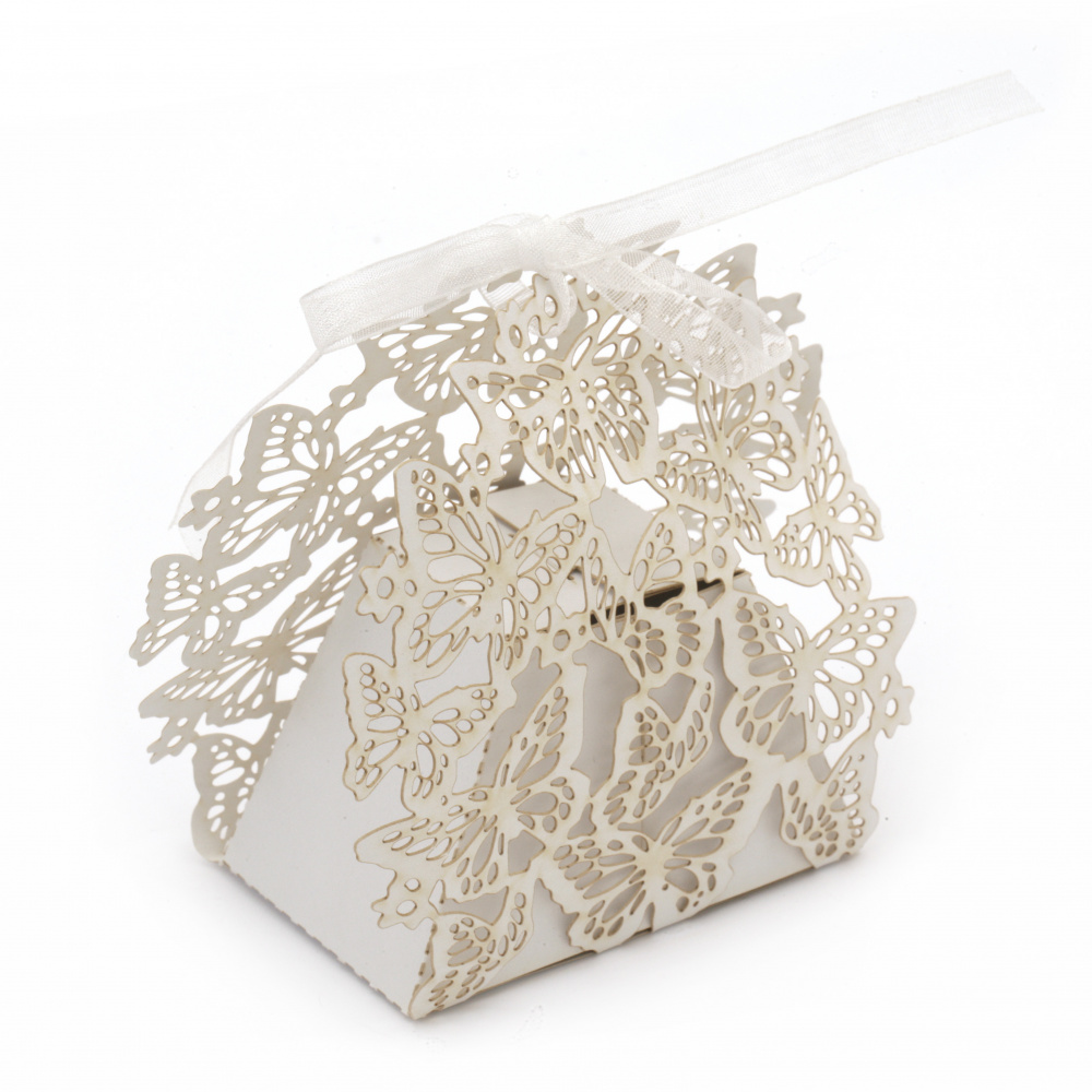 Кутия картонена сгъваема 9.5x10.5x4.5 см пеперуди цвят бял перлен