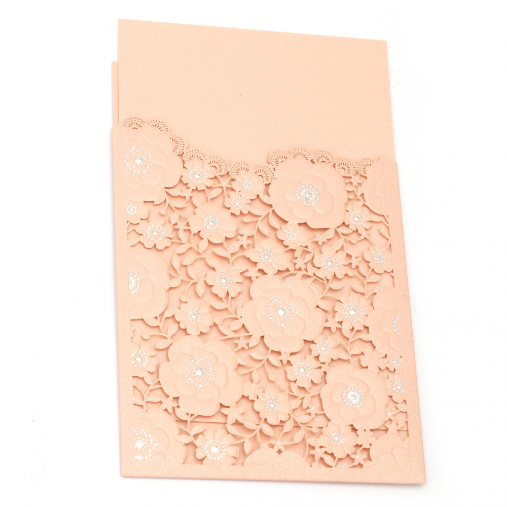 Card lace flowers 185x125 mm color coral and silver with envelope