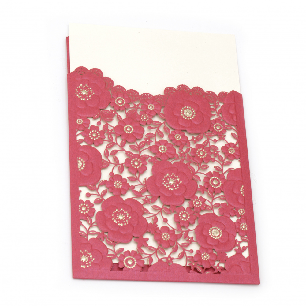 Card lace flowers 185x125 mm color cyclamen and gold with envelope