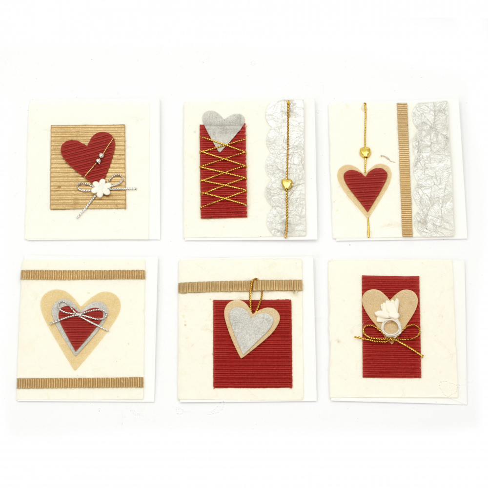 URSUS - Collection of Mini Handmade Valentine Cards with Extra Sheet and Envelope, 6 Designs -1 piece