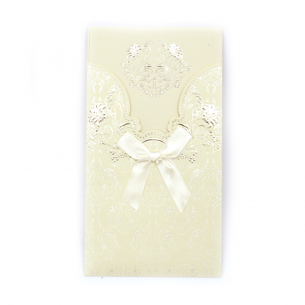 Stylish Greeting Card with Ribbon and Floral Ornaments, 210x115 mm, Ecru Color