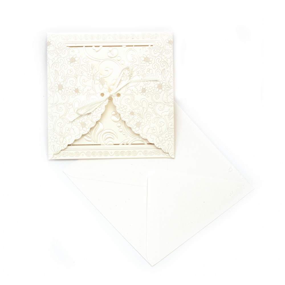 Square Greeting Card with Ribbon and Flowers / Includes Envelope, 115x115 mm, Ecru Color
