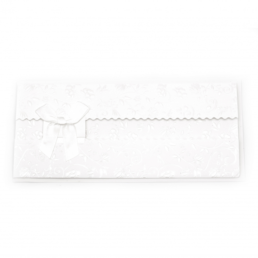 Embossed Greeting Card with Ribbon, 255x115 mm, White with Envelope