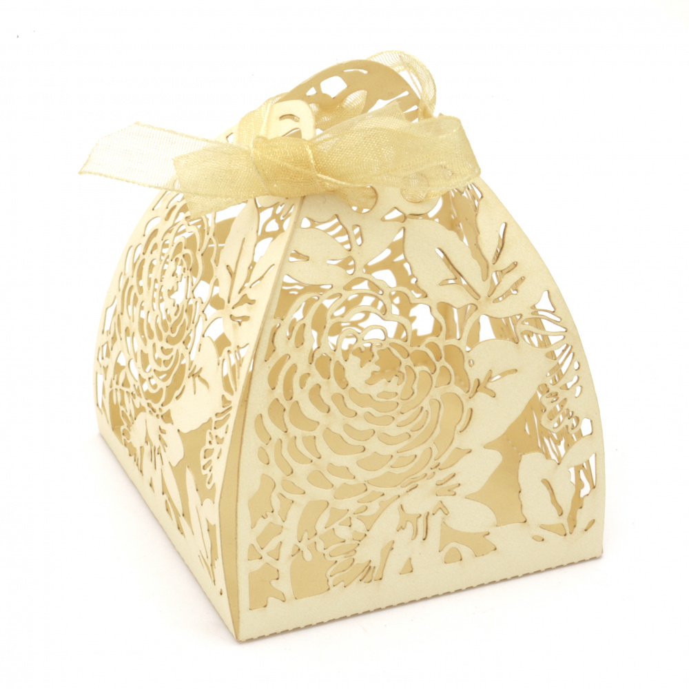 Folding Cardboard Gift Box, Flowers / 80x63x63 mm / Pearl Ecru