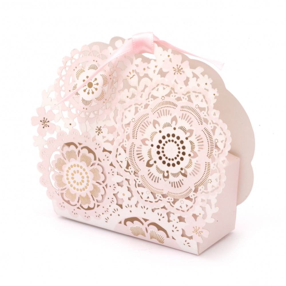 Folding Cardboard Gift Box, Flowers / 90x105x30 mm / Pale Pink with Gold