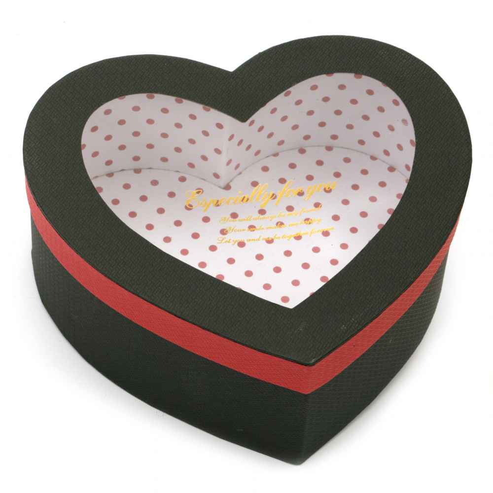 Кутия за подарък сърце 22.5x22x8 см черна с червено