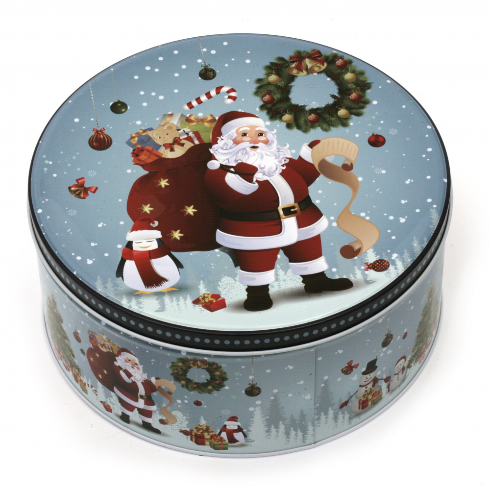 Cutie metalică cu motive de Crăciun rotundă 13,5x7 cm mix culori