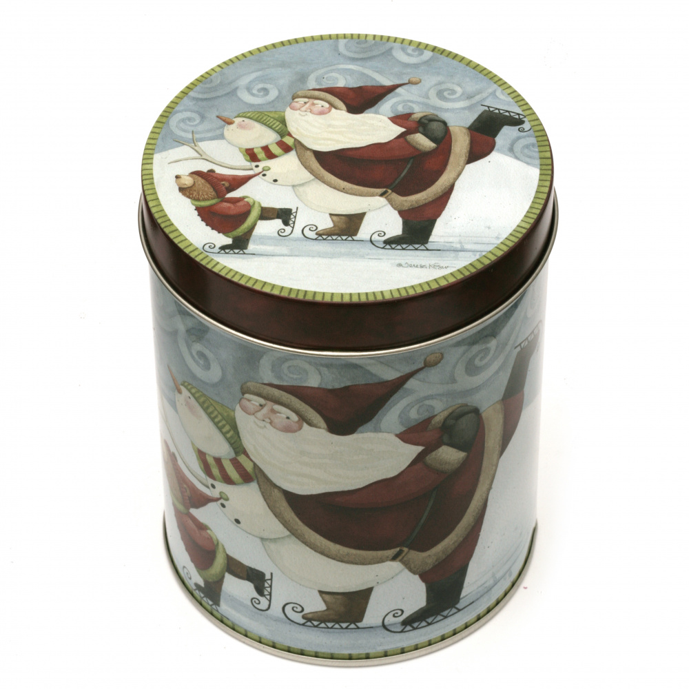 Cylindrical Metal Box with Christmas Motifs, 11x7.5 cm, ASSORTED
