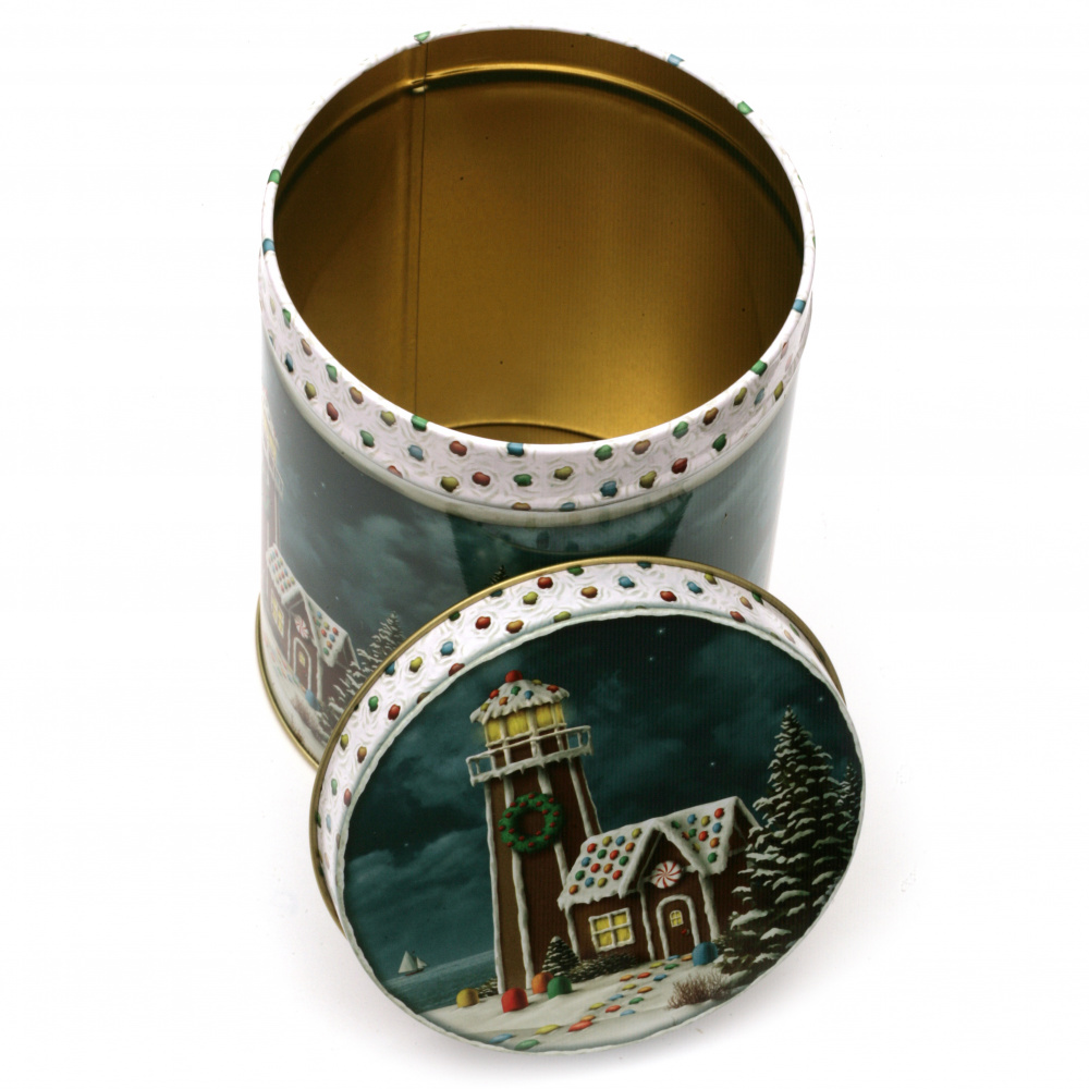 Cylindrical Metal Box with Christmas Motifs, 11x7.5 cm, ASSORTED