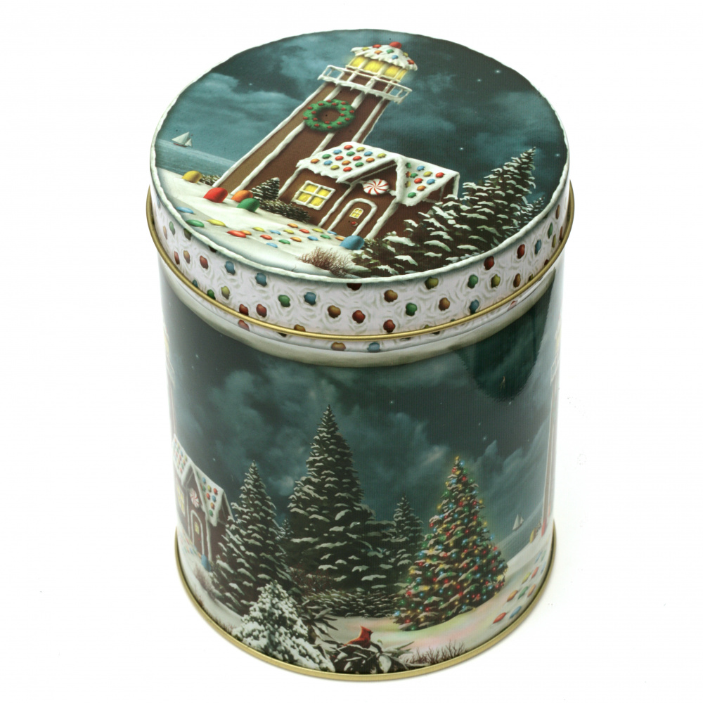 Cutie metalică cu motive de Crăciun cilindru 13,5x10,5 cm mix culori