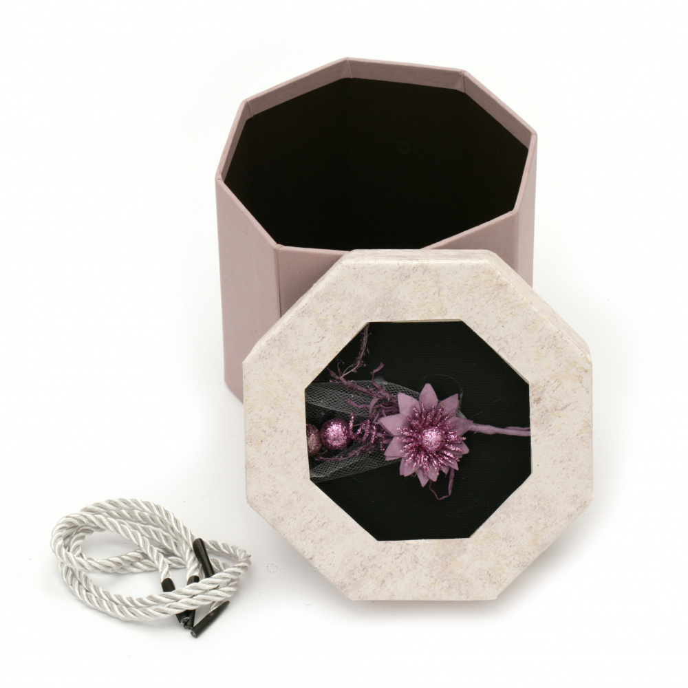 Polygonal Cardboard Gift Box with Flower Decoration, 140x140x115 mm, ASSORTED