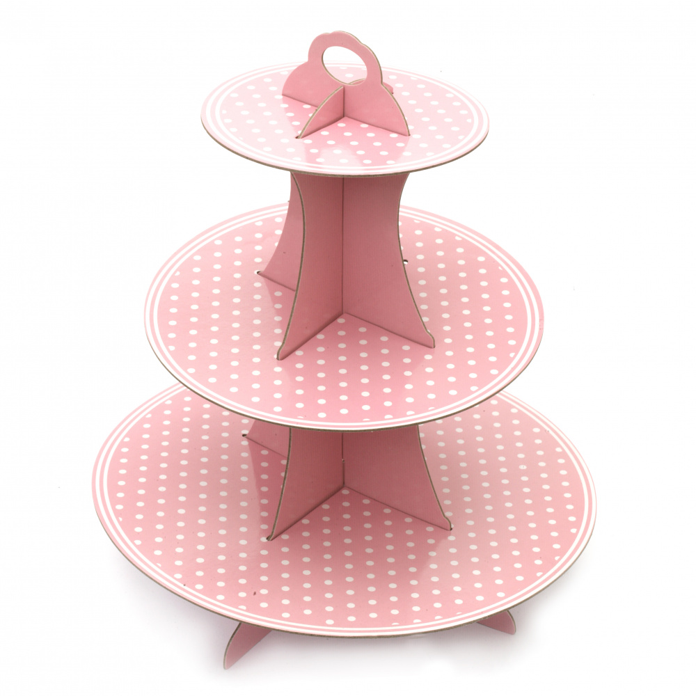 Three-tier Cardboard Muffin Stand, 33x28.5 cm, Pink with Dots
