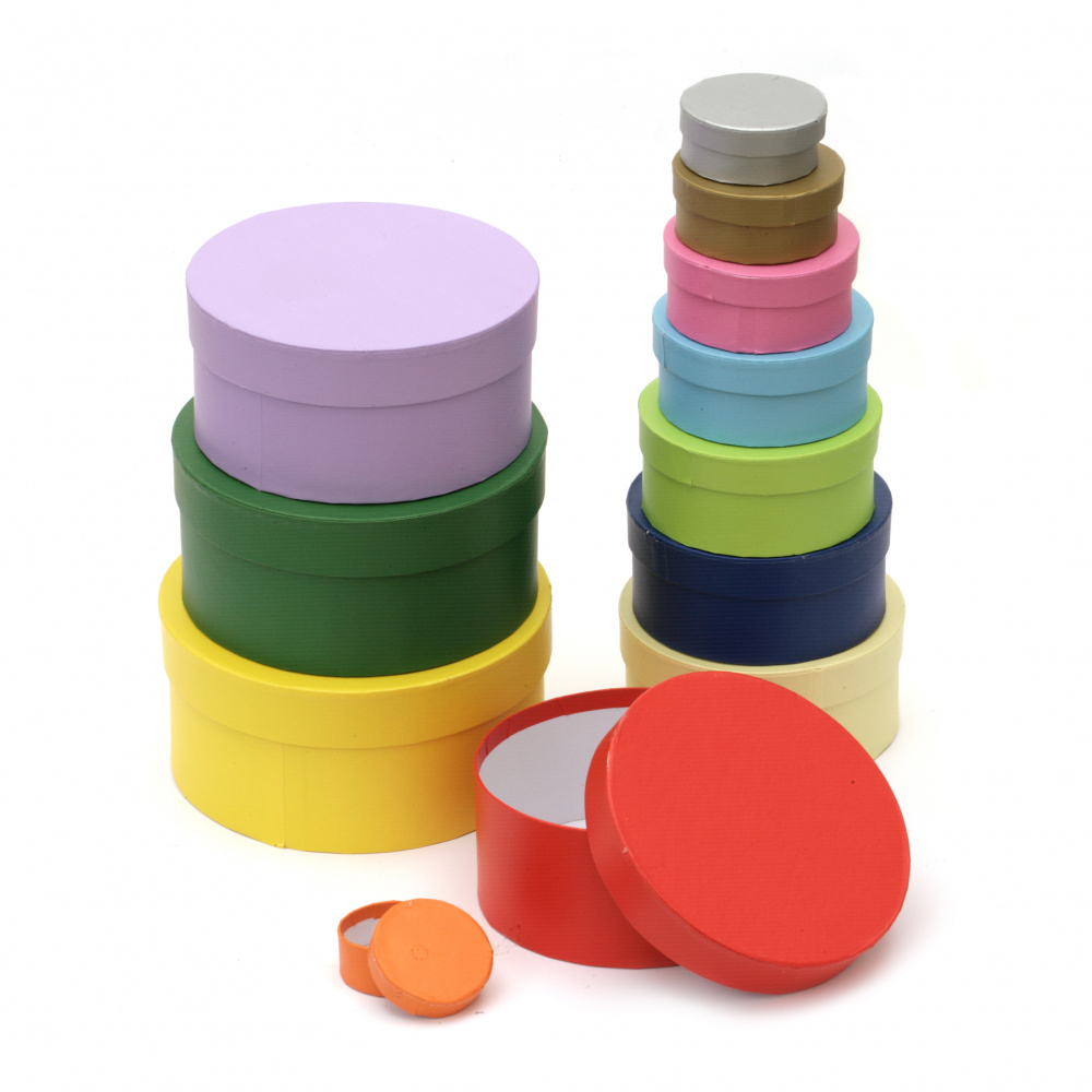 Σετ χρωματιστών κουτιών από χαρτόνι  στρογγυλό FOLIA από 4 έως 15 cm -12 μεγέθη