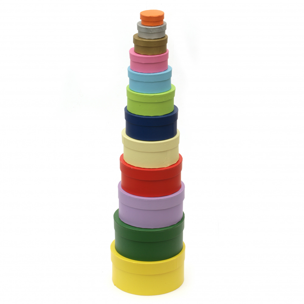 Комплект цветни картонени кутии за декориране кръгли FOLIA от 4 до 15 см -12 размера