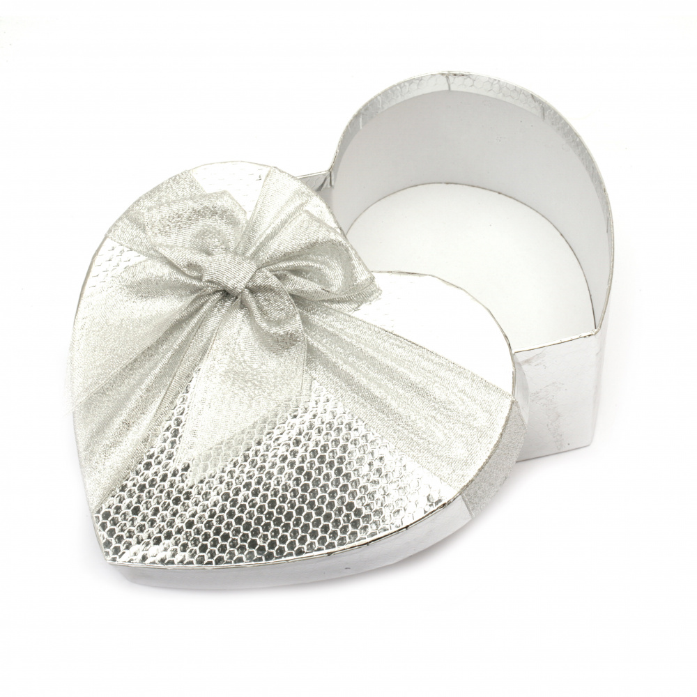 Luxury Heart Gift Box with Ribbon, 210x240x100 mm, Silver