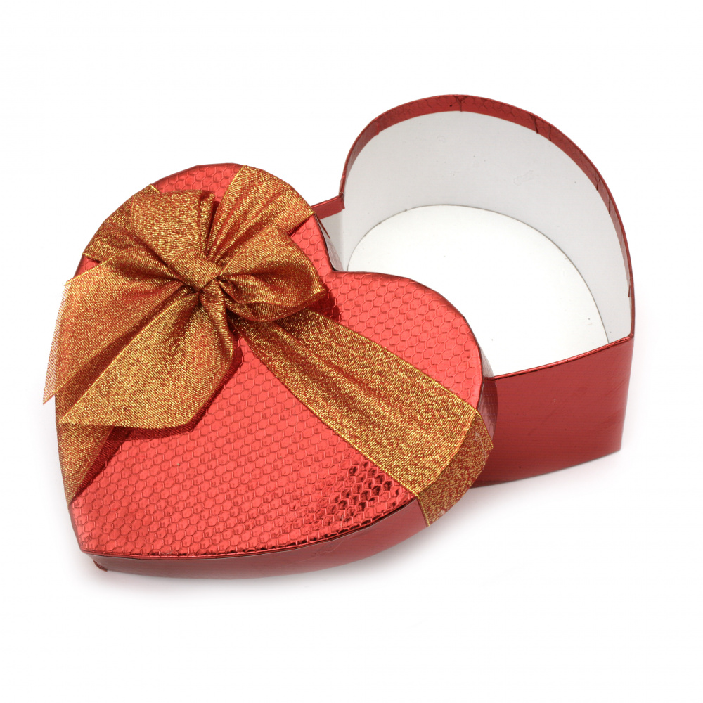 Heart Gift Box with Ribbon, 160x190x70 mm, Red and Gold