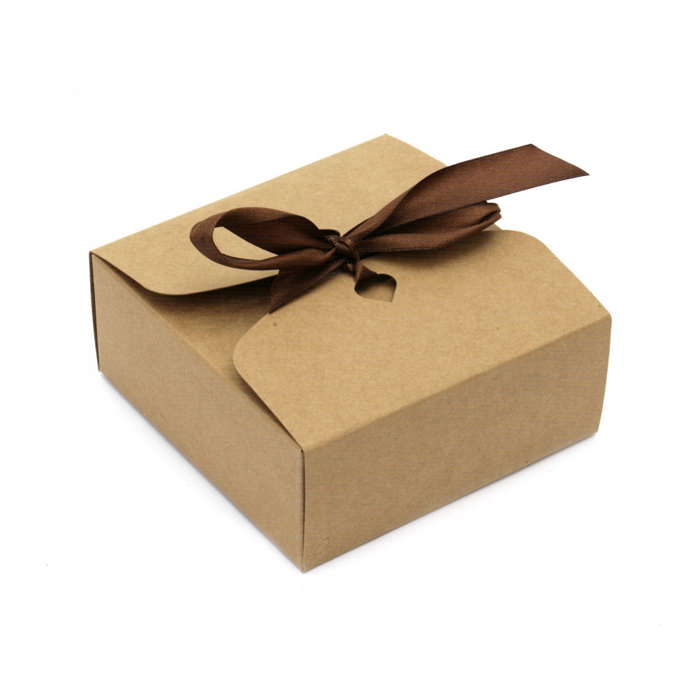 Folding Kraft Cardboard Gift Box with Ribbon, 12x12x5 cm