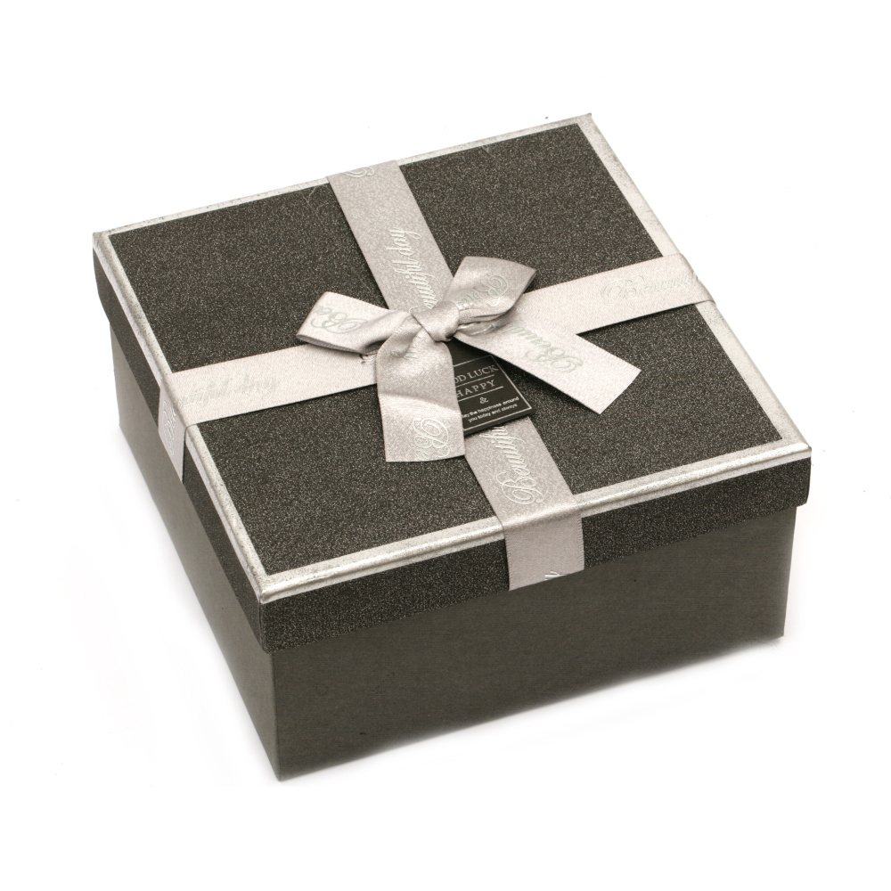 Shiny Gift Box with Ribbon and Glitter Powder / 150x150x65 mm / Dark Gray with Silver