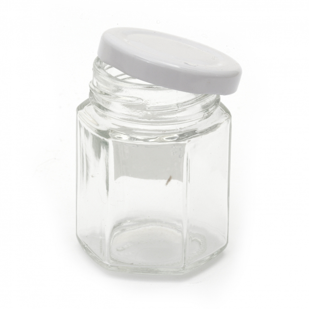 Hexagonal glass jar 51x72 mm metal cap color silver 85 ml