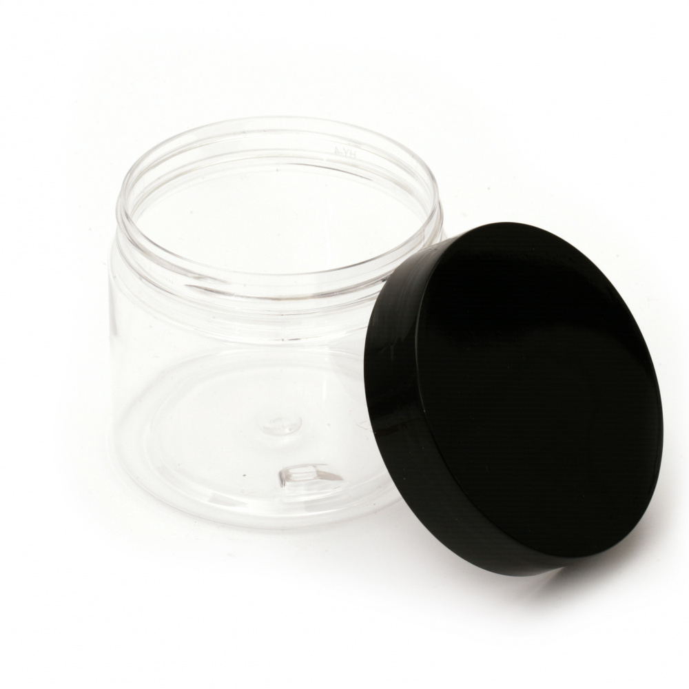 Transparent Plastic Jar with Black Cap, 62x70 mm, 150 ml