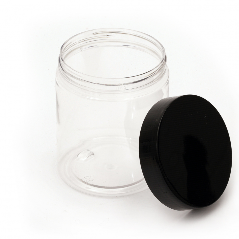 Transparent Plastic Jar with Black Cap, 86x70 mm, 250 ml