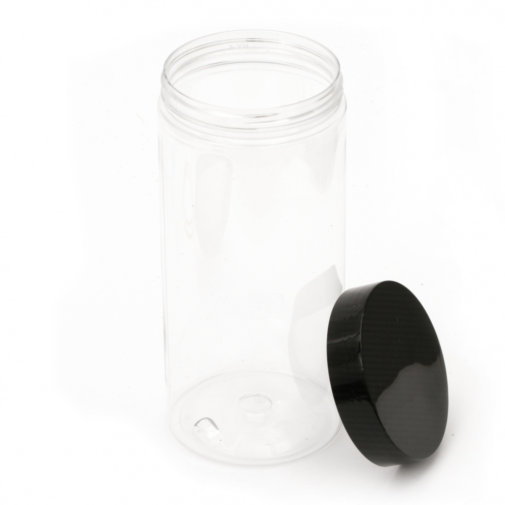 Transparent Plastic Jar with Black Cap, 156x70 mm, 500 ml