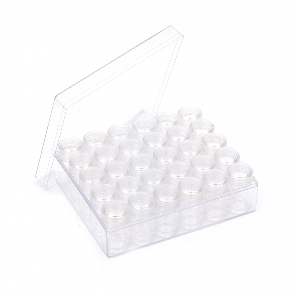 Plastic Bead Organizer: 16.7x14x5.3 cm with 30 individual Jars: 4.8x2.6 cm