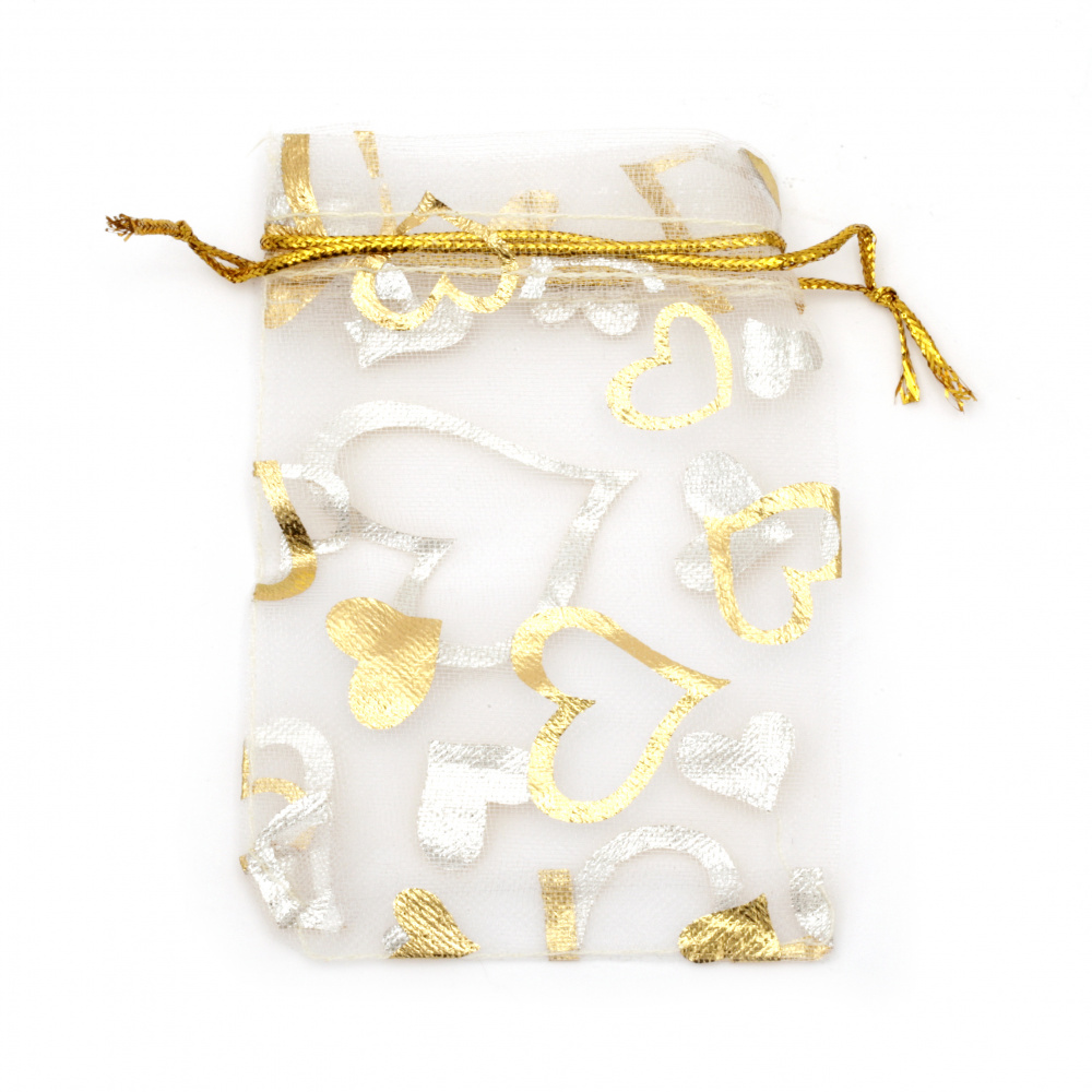 Hearts Printed Organza Gift Bag 6.5x9 cm white with gold