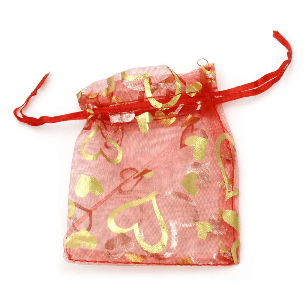 Hearts Printed Organza Gift Bag 9x11.5 cm red with gold