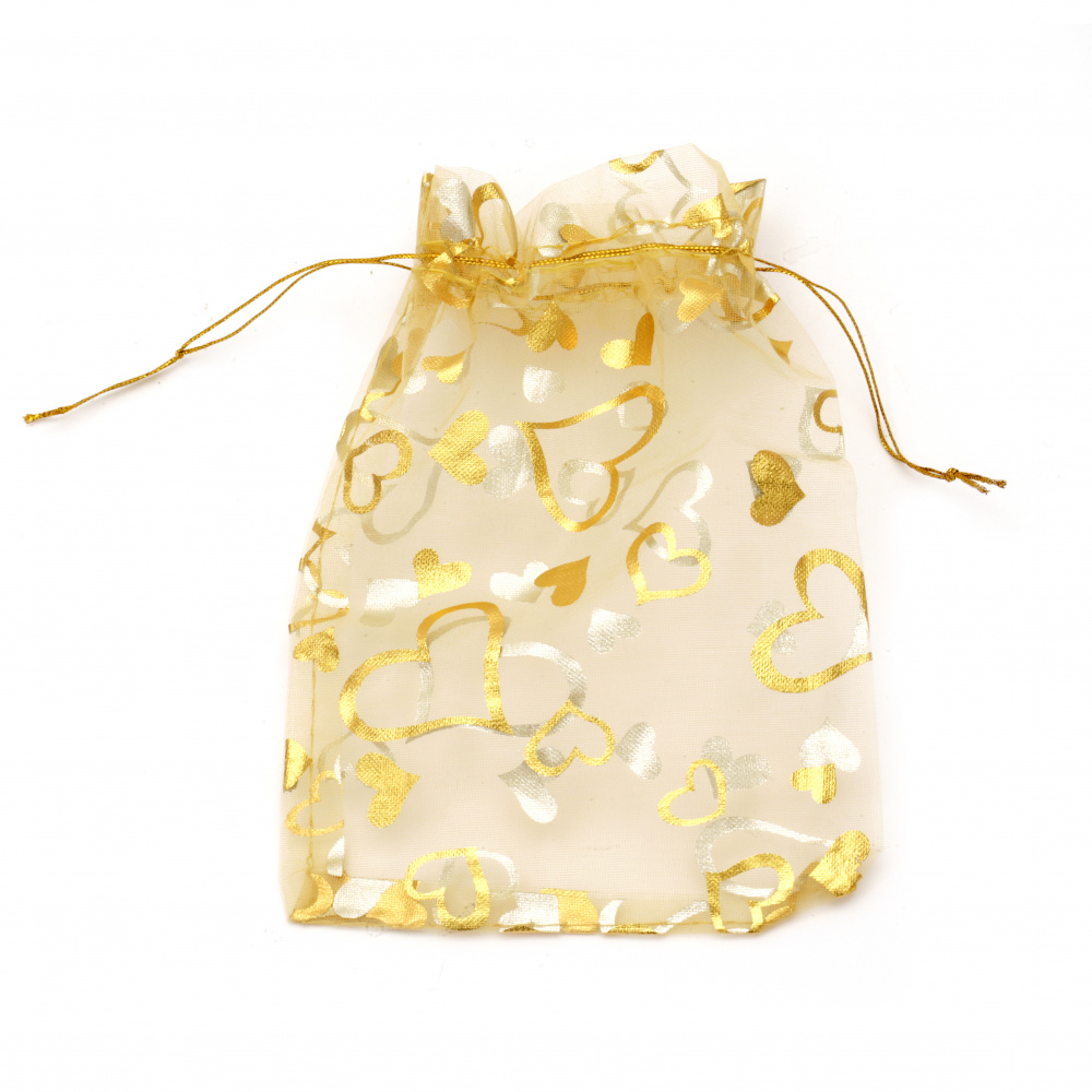 Hearts Printed Organza Gift Bag 125x175 mm ocher with gold