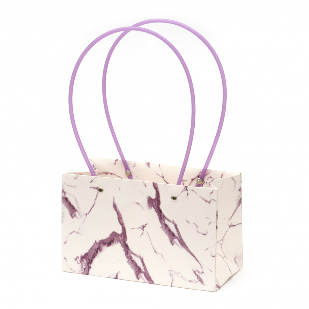 Geantă de hârtie pentru ambalaje cu flori 22x13,5x10 cm imitație marmură alb și violet