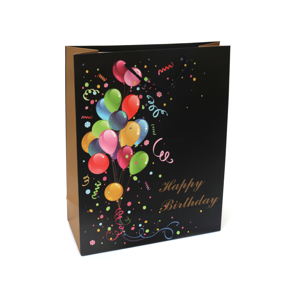 Pungă cadou din carton 28x32x10 cm neagră cu inscripția „La mulți ani”