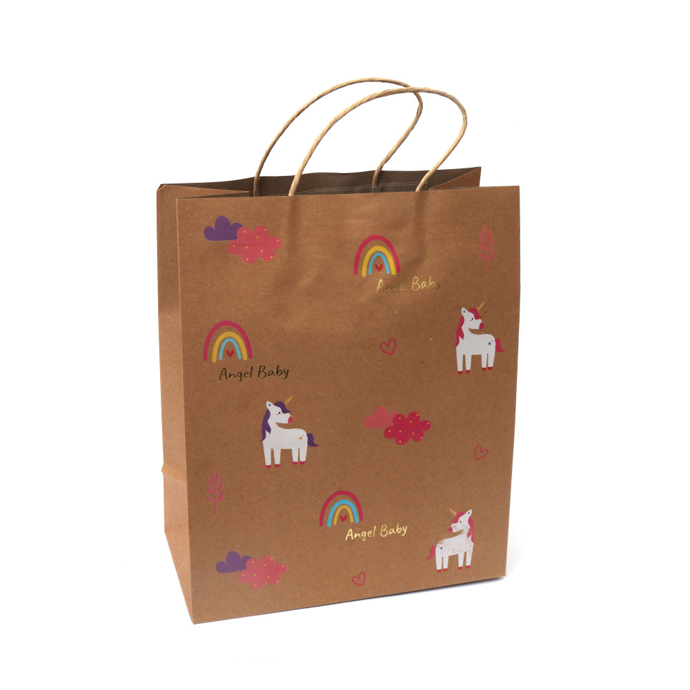 Pungă cadou din carton kraft 26x32x13,5 cm cu imprimeu colorat Unicorni și curcubee